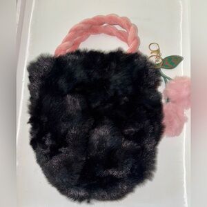 Black Fur Mini Bag with Pink Handle